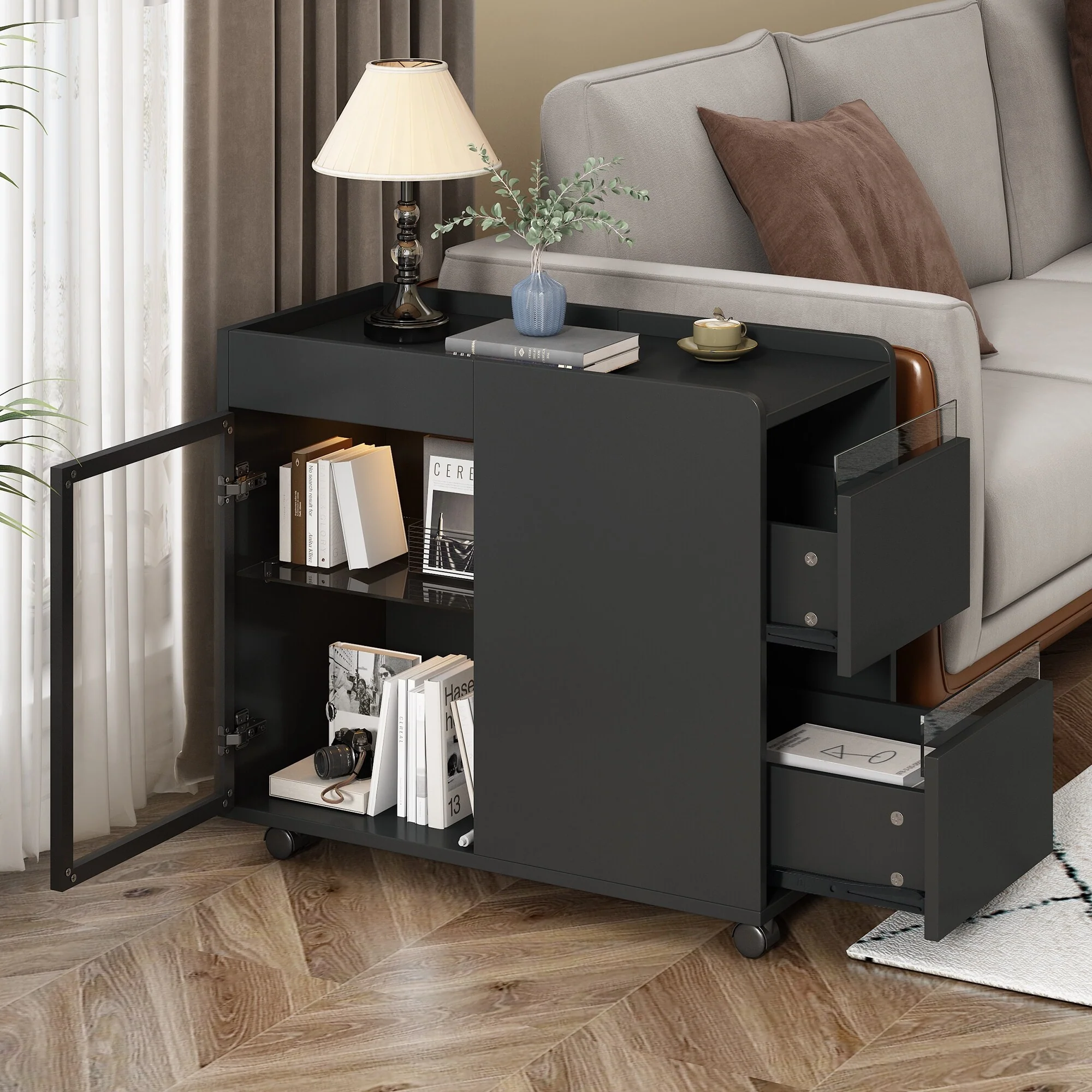 End Table with LED light and Wheels, Side Table with Transparent Brown Glass Door, 2 Storage Shelves and Drawers for Living Room