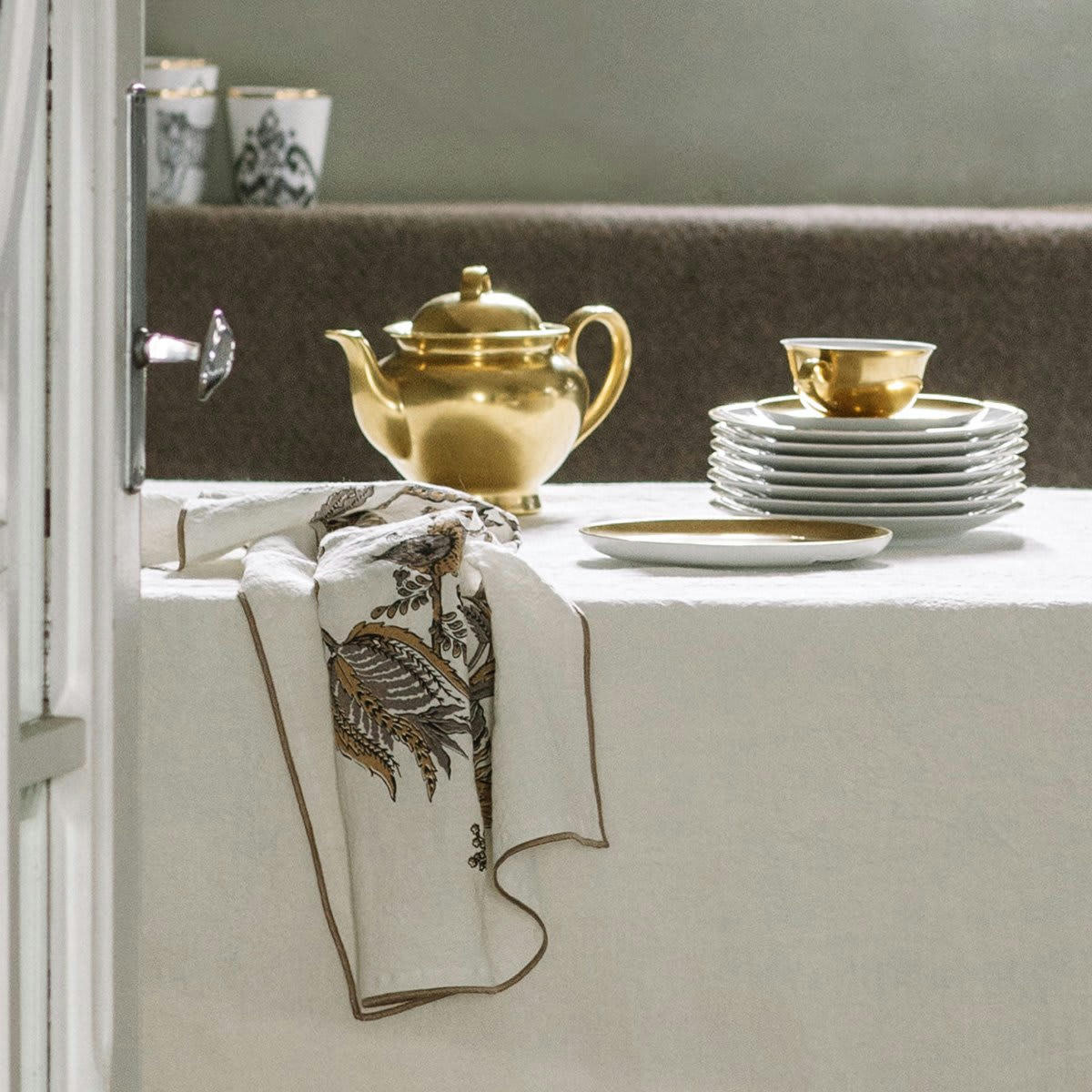 ORIENT EXPRESS - Serviette de table Lin pur lavé Manais Blanc Ocre 45x45