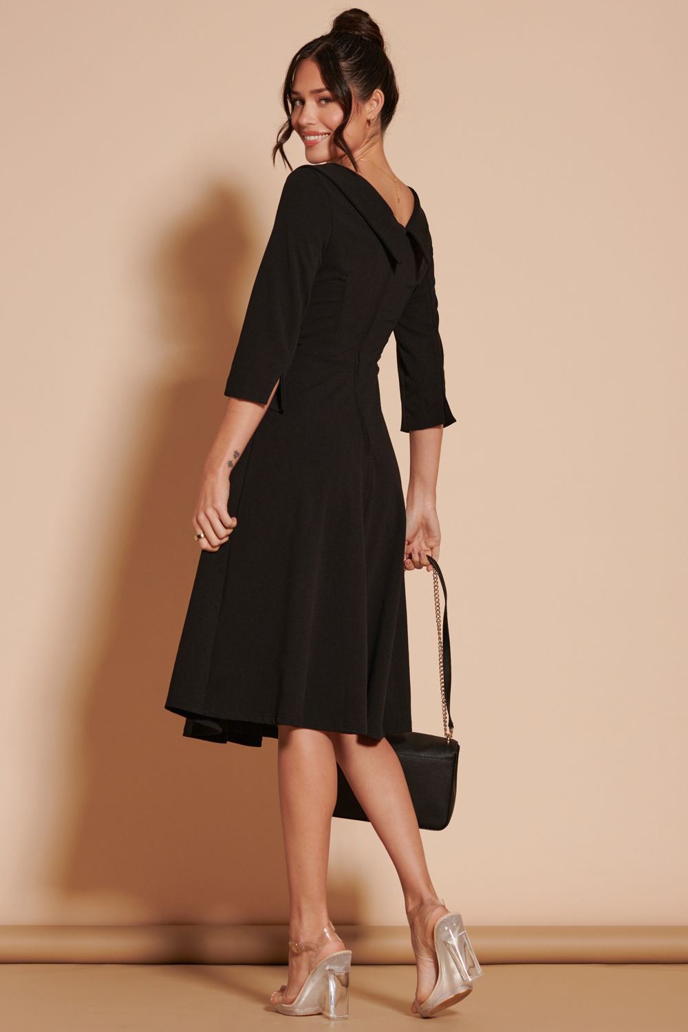 Jolie Moi 3/4 Sleeve Fold Neck Midi Dress
