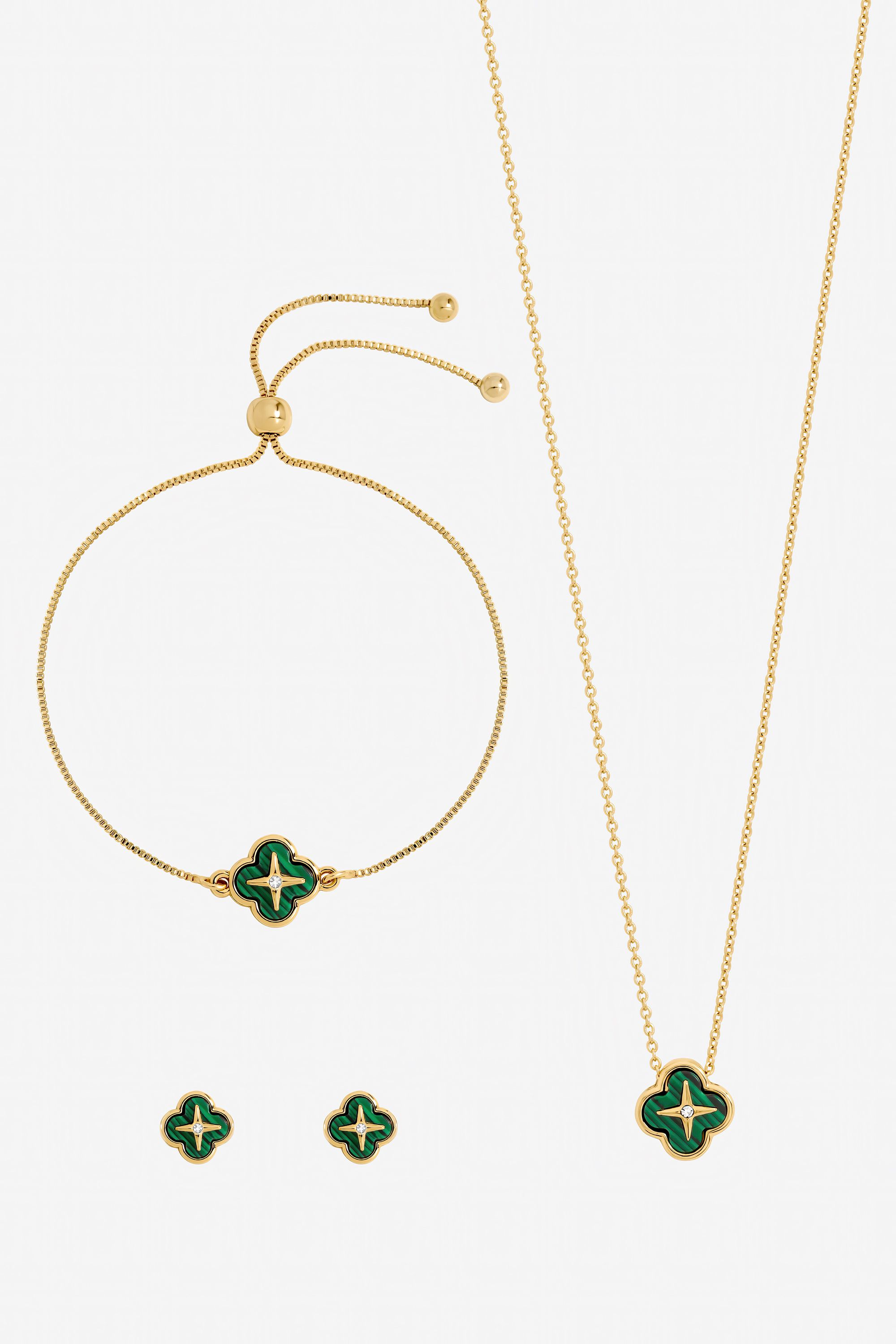 Jon Richard Gold Plated and Malachite Clover Trio Set - Gift Box