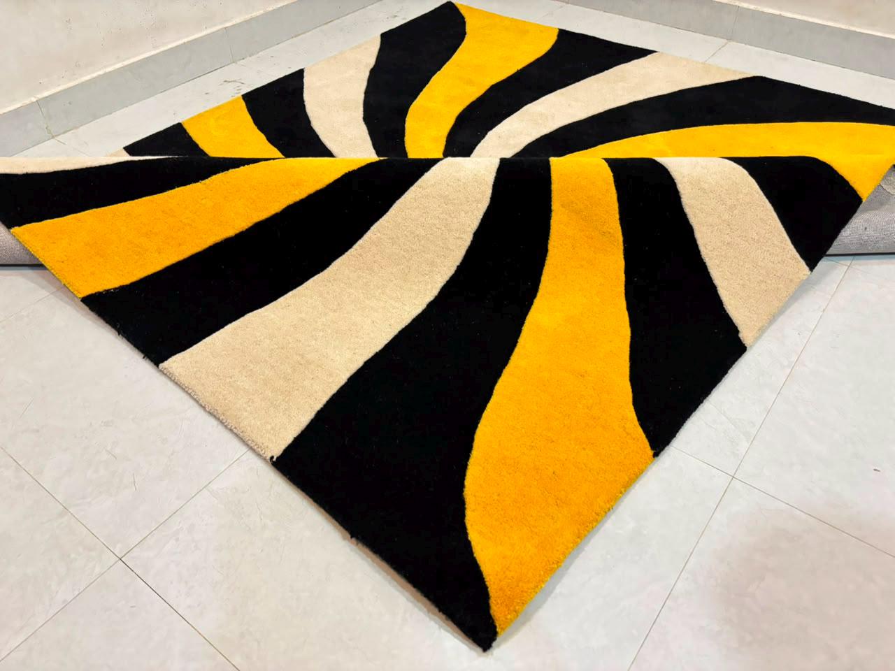 Abstract Black Yellow Cream Tufted Rug, Modern Geometric Area Rug, Handmade Statement Carpet