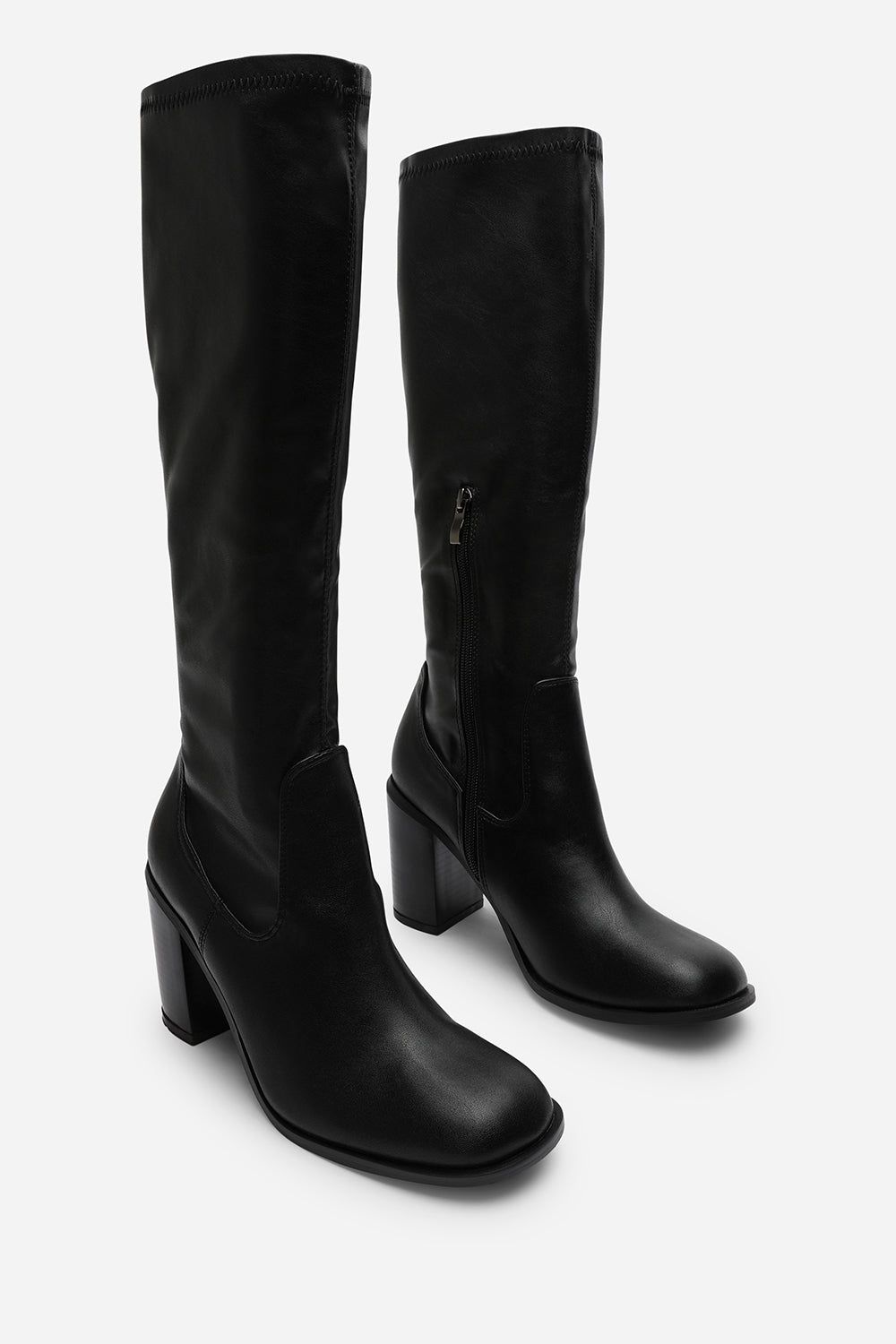 Where's That From Goldie' Knee High Block Heel Boots in Stretch Faux Leather