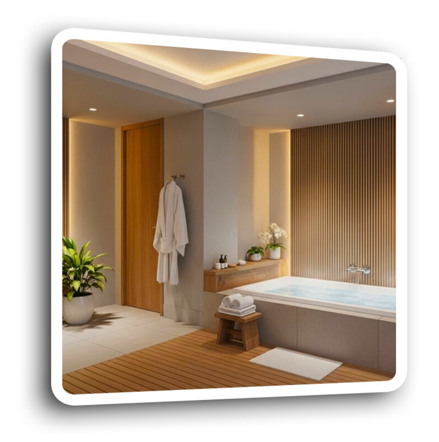 Lustro led 60x60 cm zaokrąglone rogi piaskowane podświetlane   cob 480 diod