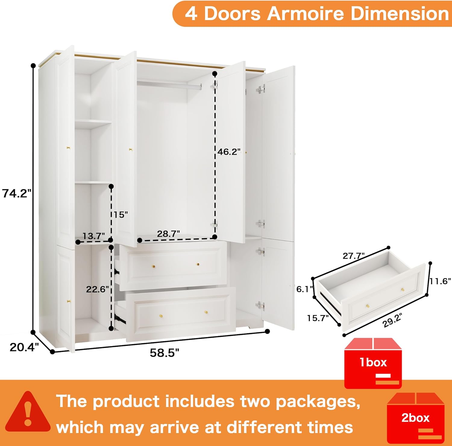 Armoire Wardrobe Closet with Drawers: Large White Wardrobe Closet with 4 Doors and 2 Drawers, Wooden Bedroom Armoires Storage Cabinet with Hanging Rod and Shelves (59)