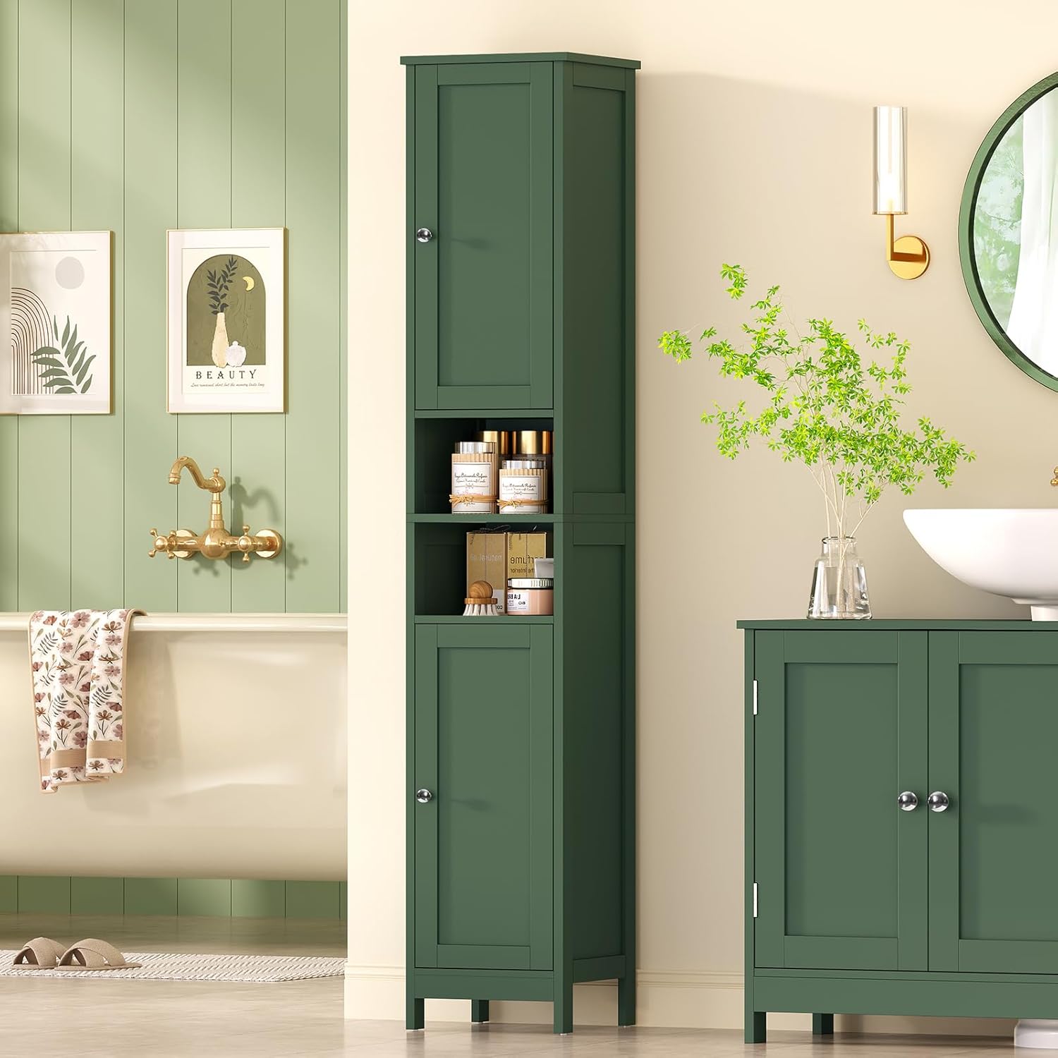 TEENFON 67 Tall Bathroom Cabinet with Adjustable Shelves and Doors, Narrow Bathroom Storage Cabinet for Small Space, Living Room, Entryway, Kitchen, Green