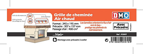 Grille de cheminée avec précadre noir 345 x 195 mm Autogyre