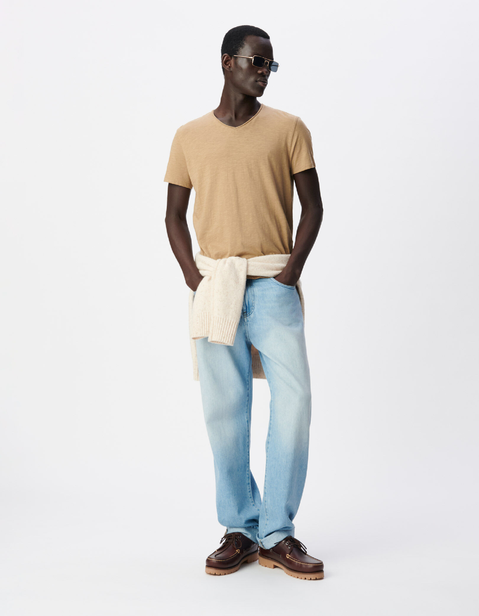 T-shirt encolure V beige coton bio flammé Homme