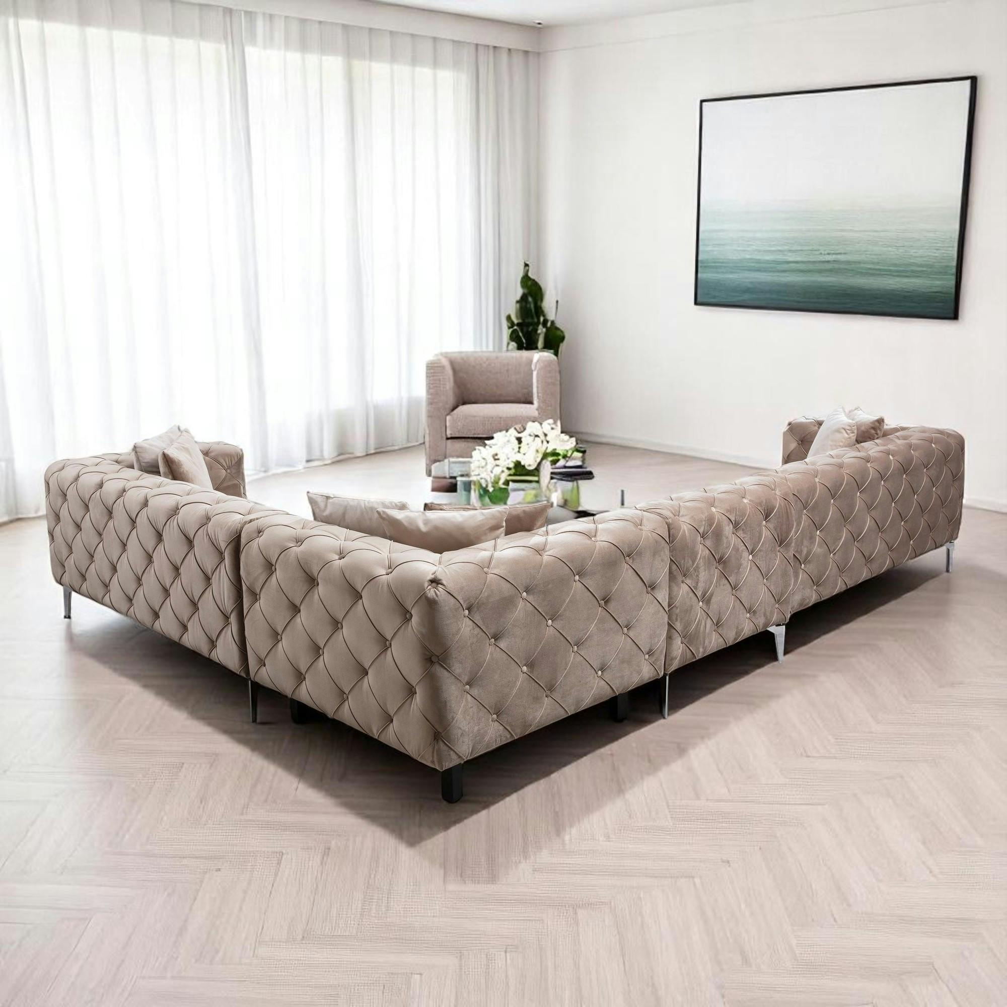 Canapé d'angle beige en velours capitonné - côté droit DOVER