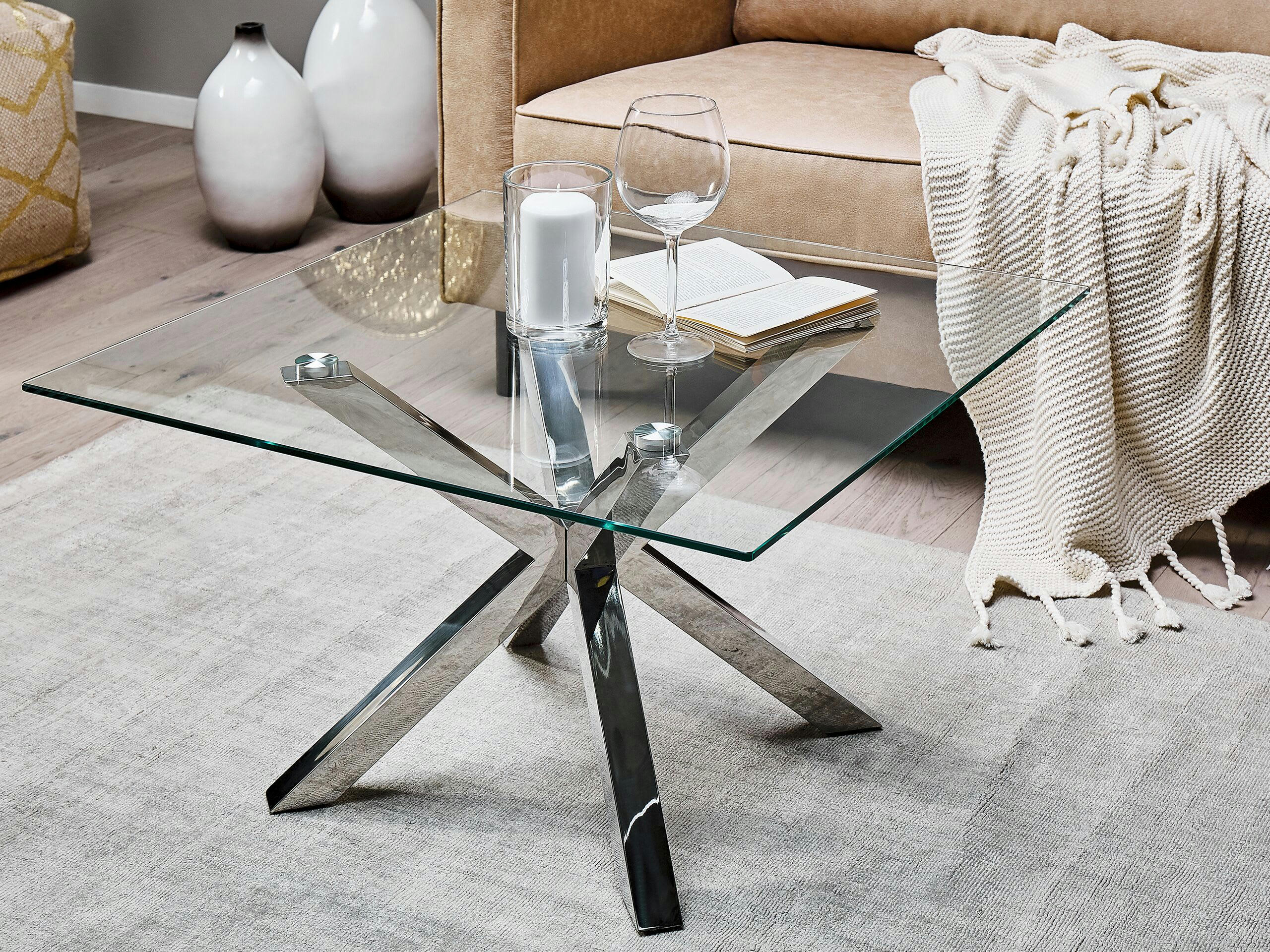STARLIGHT - Table basse en verre avec pieds argentés 70 x 70 cm