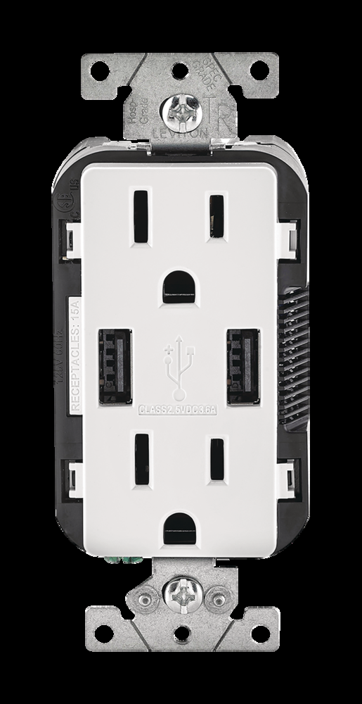 Leviton T5632-722 USB Type-A Wall Outlet Charger with 15A Tamper-Resistant Receptacles, White