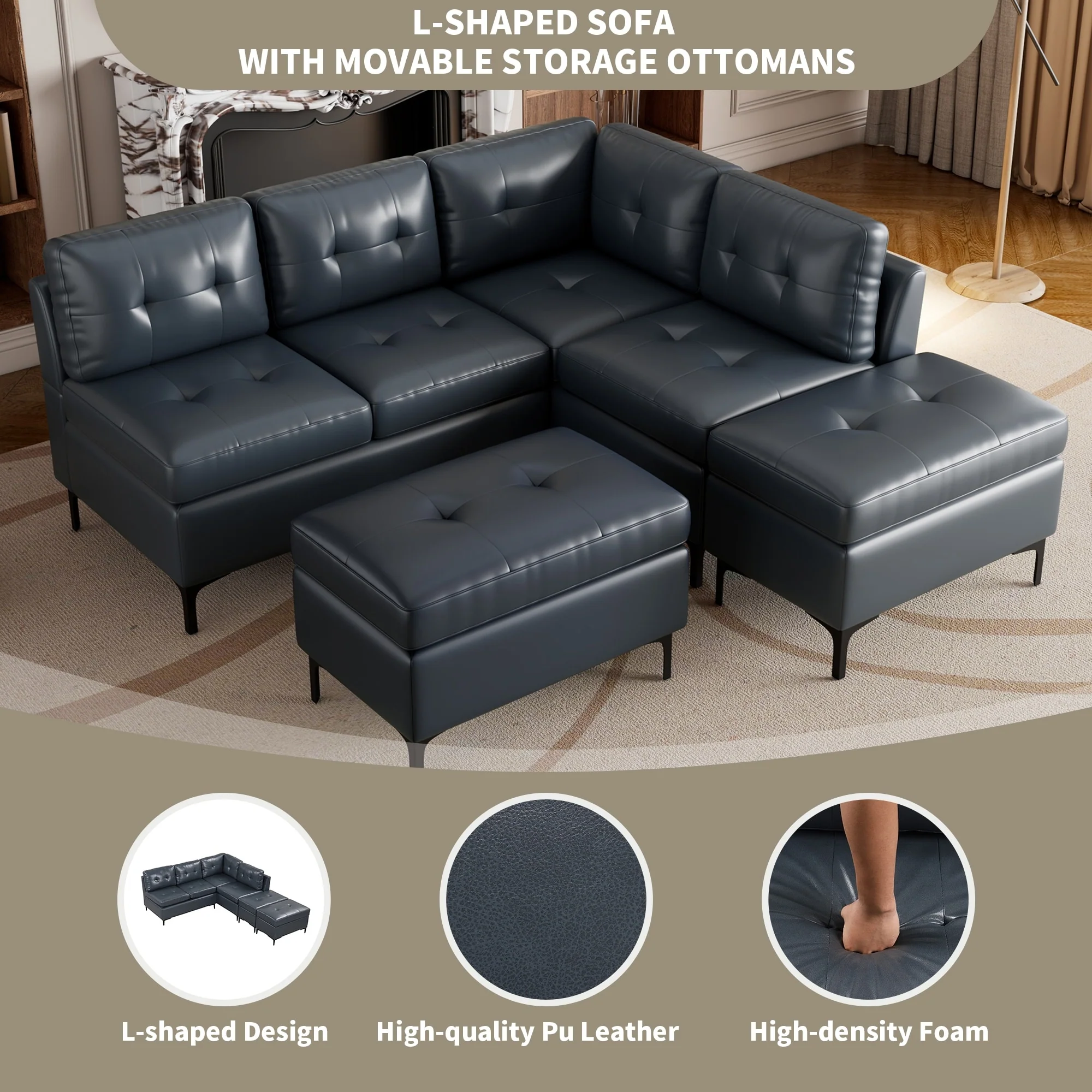 94.88 L-Shaped Corner Sofa Pu Leather Sectional Sofa Couch with Movable Storage Ottomans for Living Room, Black
