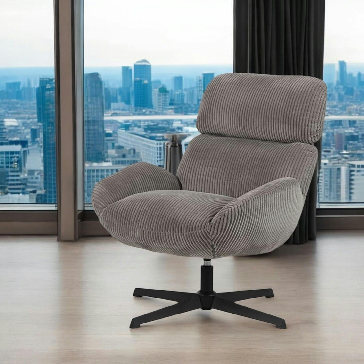 Fauteuil de salon rotatif tissu côtelé gris IENA