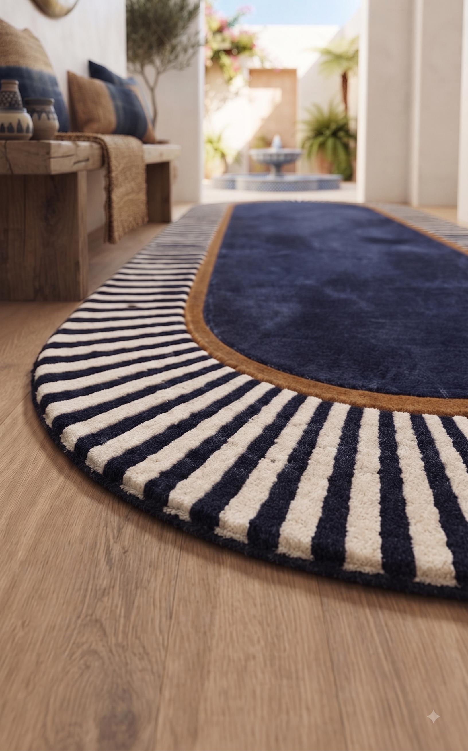 Modern oval area rug, blue & black striped runner rug | Contemporary Home Decor , hallway rug unique designer floor mat for entryway room