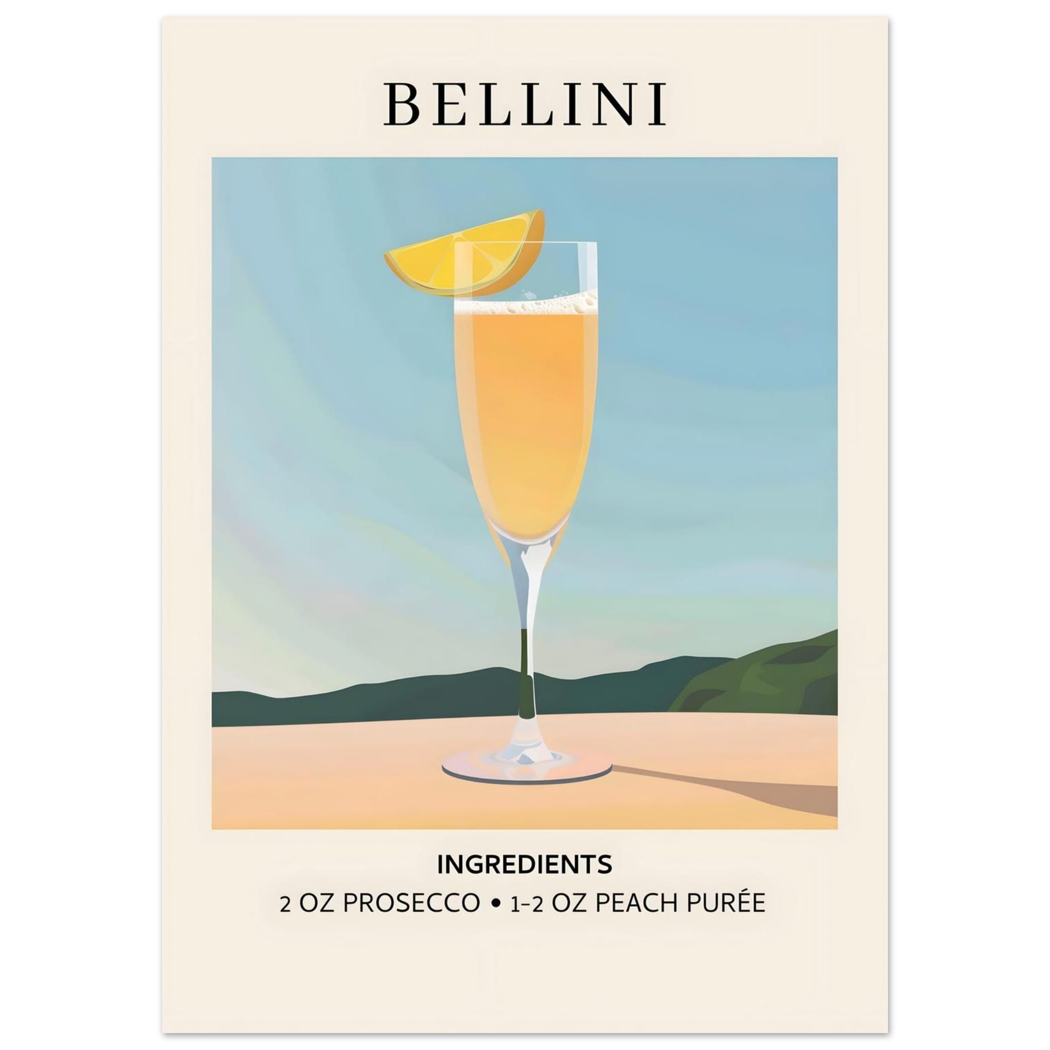 Artfulprints Poster Bellini cocktail - Ingrediënten  - 50x70 cm - Geel
