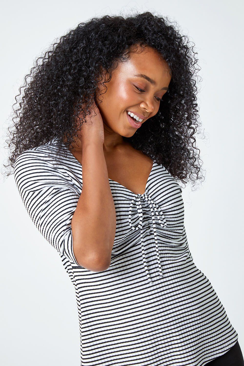 Roman Petite Stripe Ruched V-Neck Stretch Top
