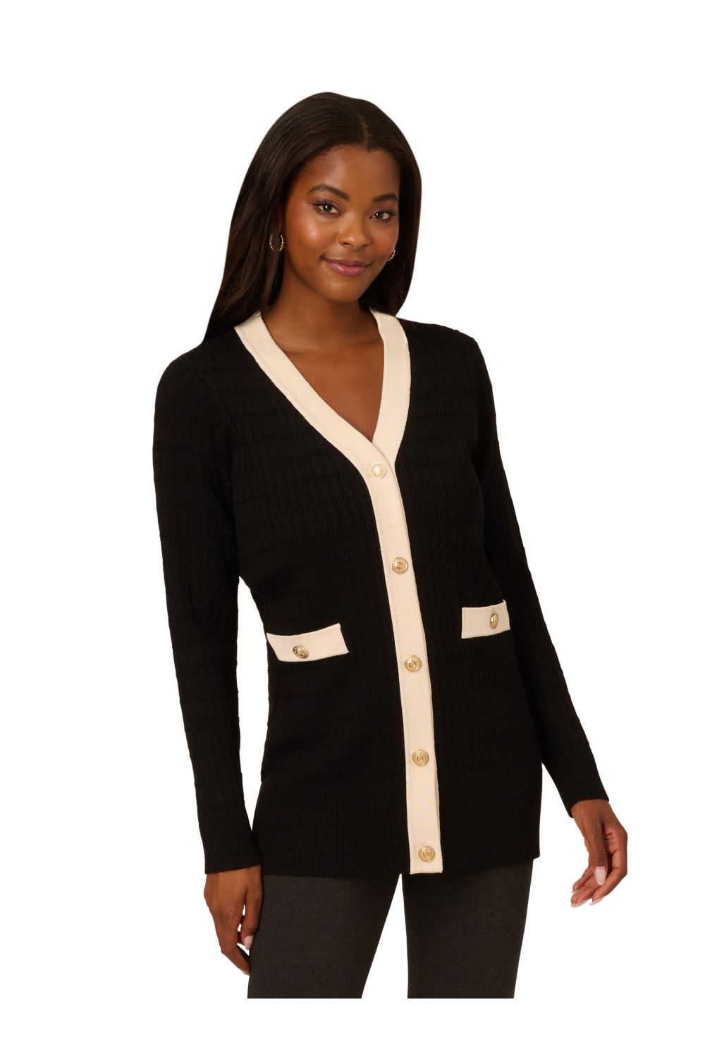 Adrianna Papell V-Neck Button Down Textured Long Cardgan With Long Sleeves