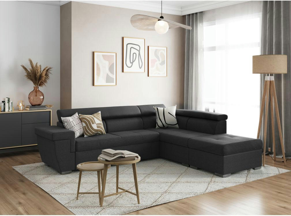 INAYA - Canapé d'angle droit 5 places convertible en tissu - Gris foncé