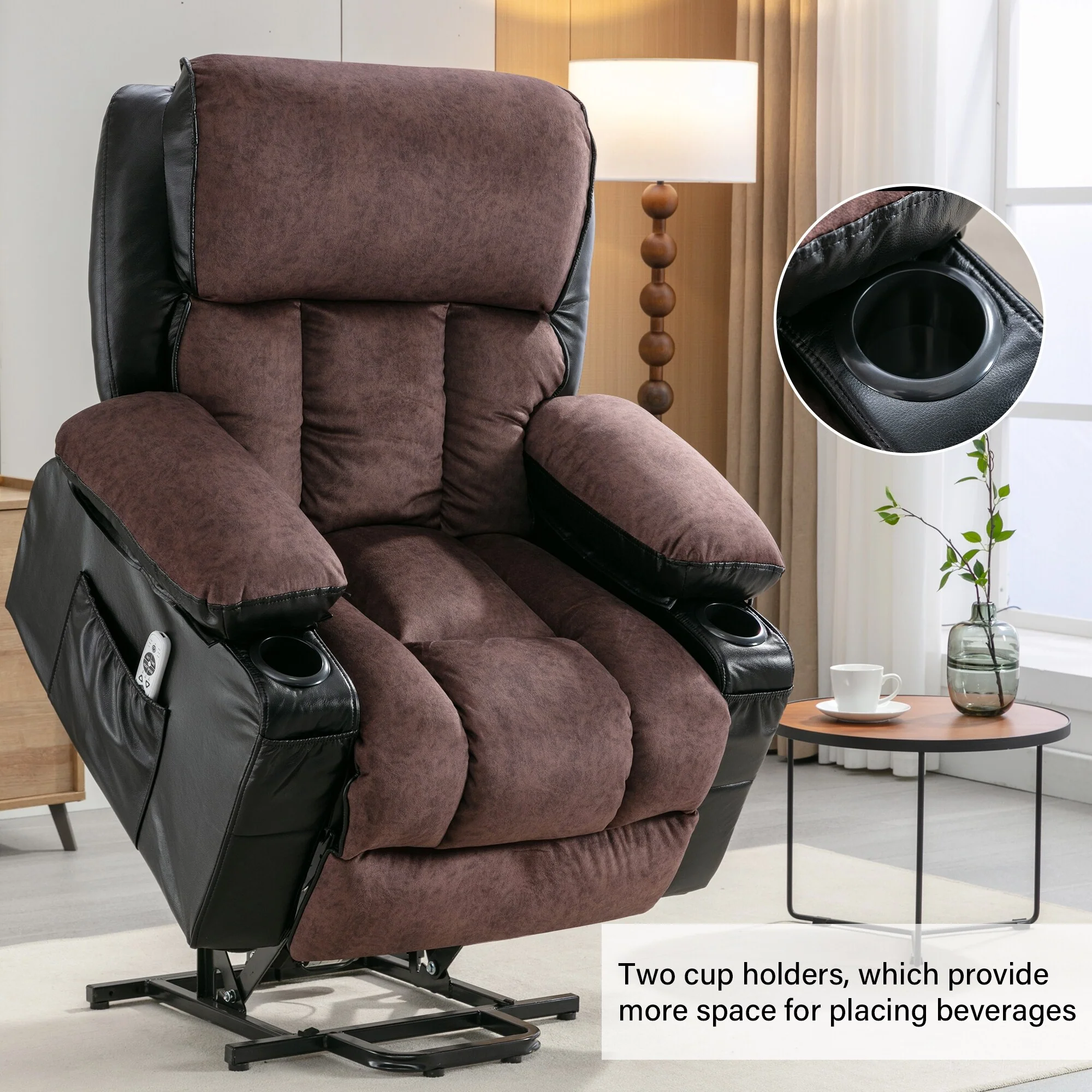 Black Power Lift Recliner for Seniors with Heated Massage, USB Charging, PU Leather Upholstery, and Cup Holders