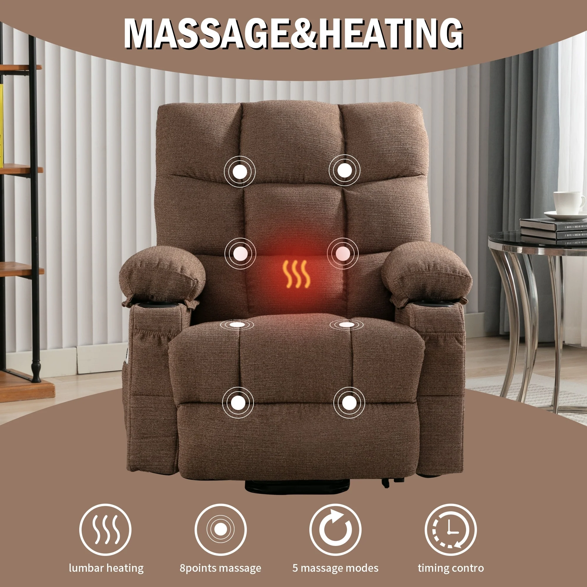 Electric Lift Recliner with Heating, Massage Therapy, USB Charging, and Handy Storage Pockets