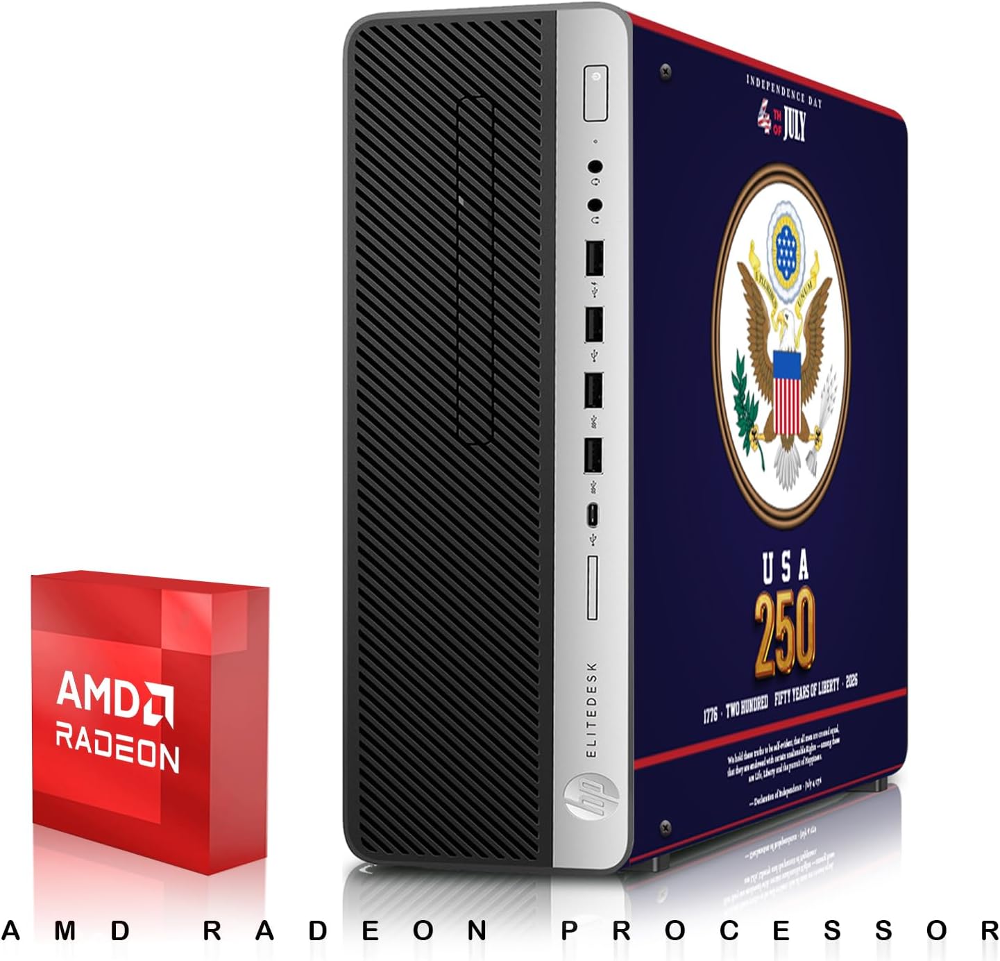 HP EliteDesk Liberty 250 Edition Gaming Desktop Computer PC, AMD, 16GB RAM, 256GB SSD OS+2x500GB HDD, 24 Curve Monitor, GT 1030 Graphics, RGB Keyboard/Mouse/Headphones, Win 11 Pro(Renewed)