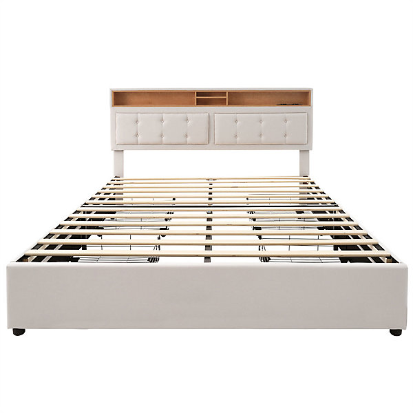 Lit adulte lit 160x200 cm lit rembourré avec quatre tiroirs avec sommier à lattes en bois lit double lin beige