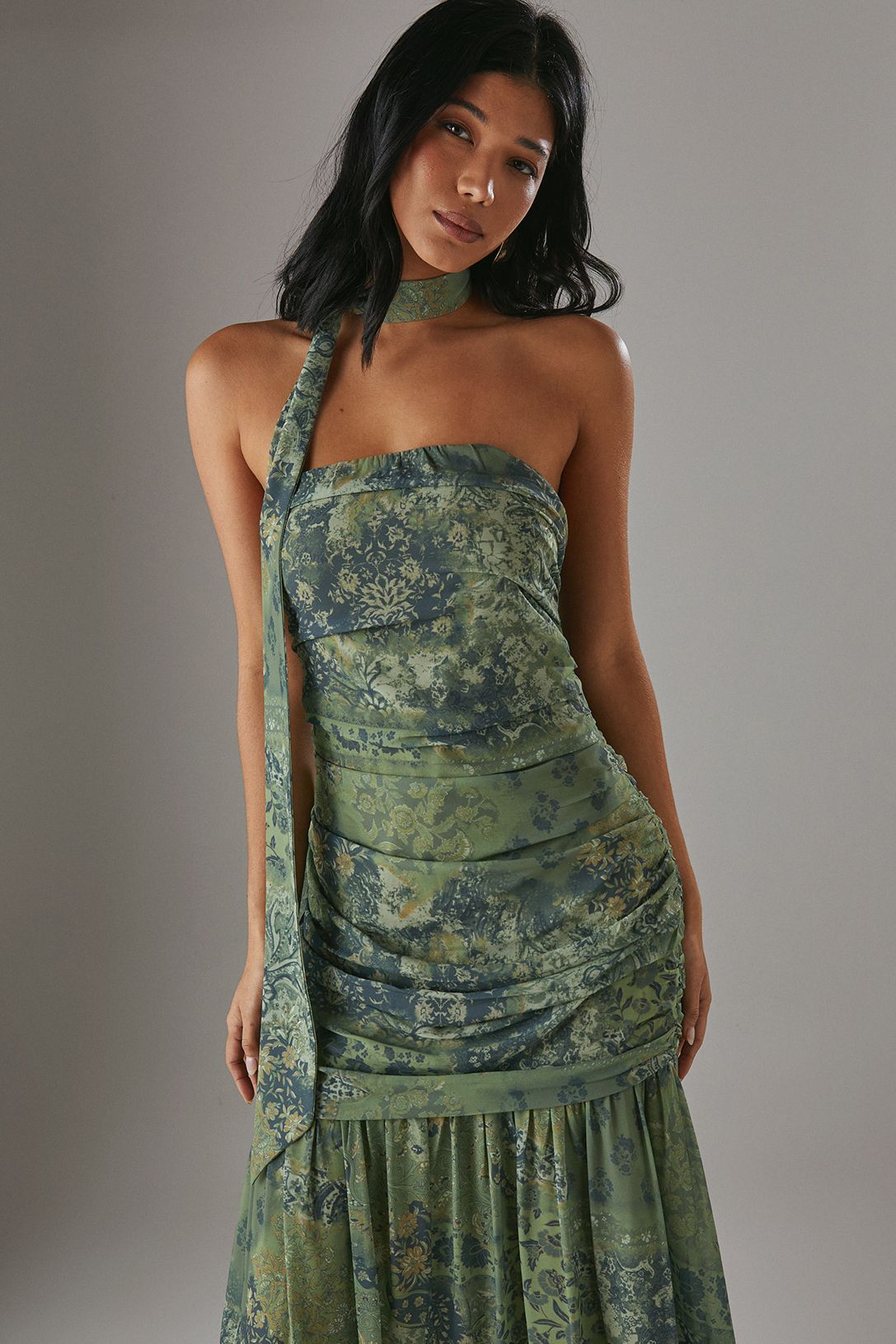 Warehouse Chiffon Neck Tie Bandeau Ruched Maxi Dress