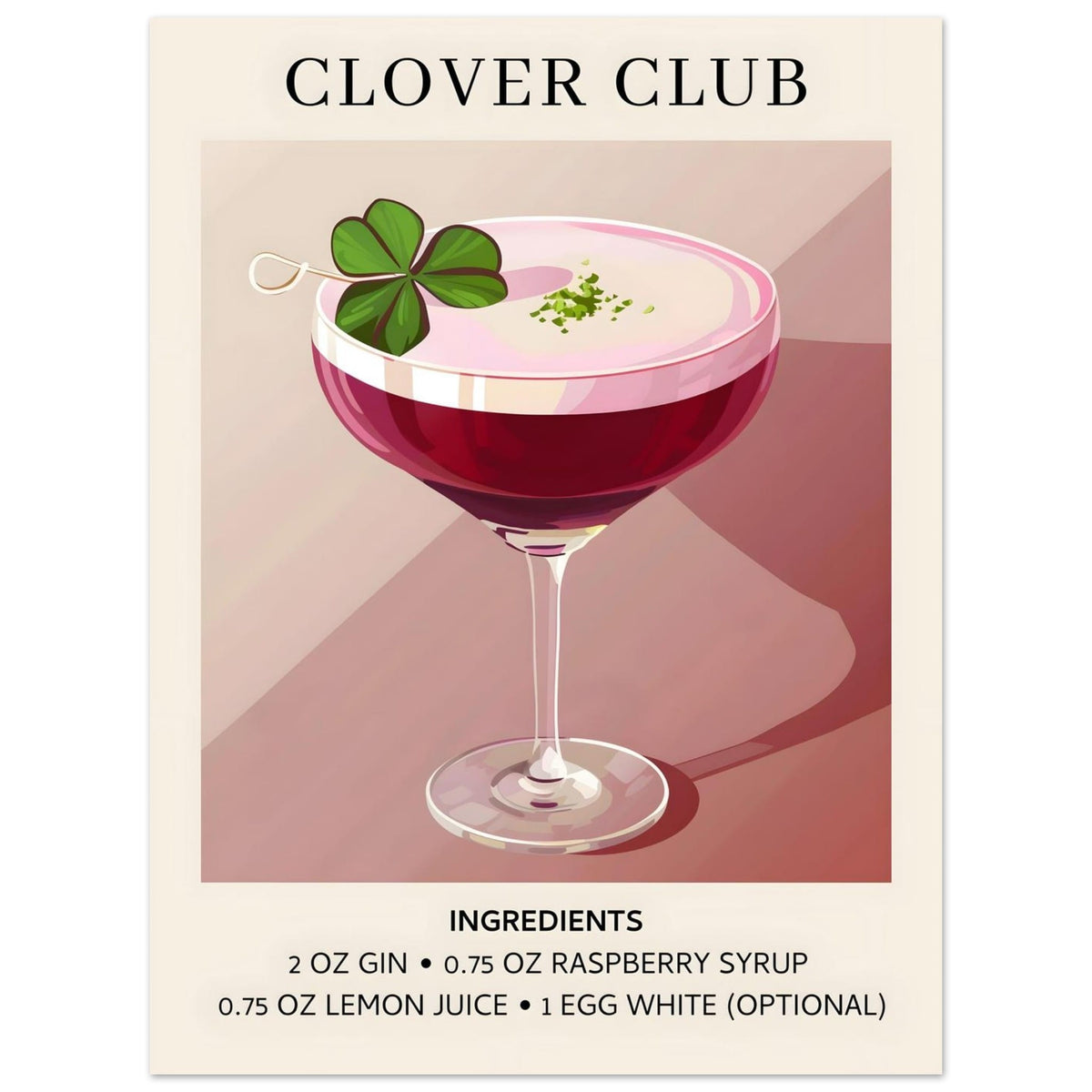 Artfulprints Poster Clover Club cocktail - Ingrediënten  - 30x40 cm - Roze