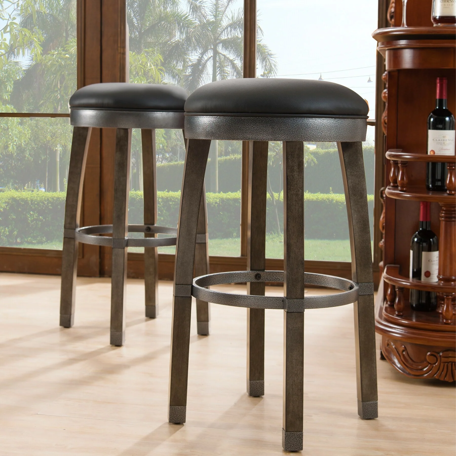 Traditional Wood Faux Leather Counter-height Stool Set of 2