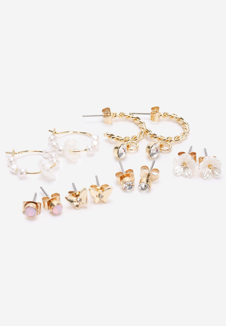 Womens 6pk Gold Diamante Flower Earrings
