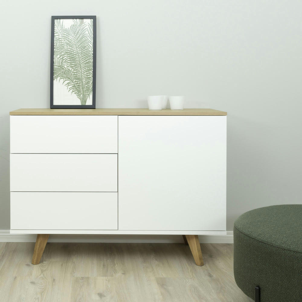 AMELIA - Buffet en bois 1 porte 3 tiroirs L109cm blanc