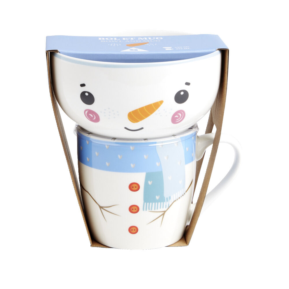 Ensemble mug 355ml avec bol 520ml porcelaine motif bonhomme de neige