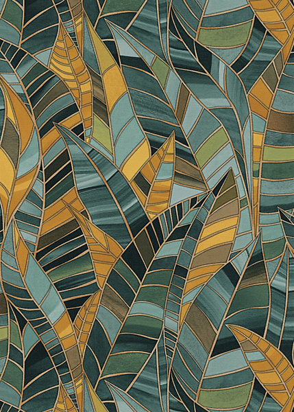 Papier peint vinyle intissé feuilles tropical vert, jaune L.1005 x l.53cm, Erismann Serenade