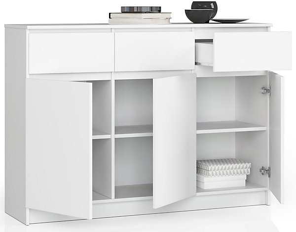 Commode AKORD K140 Blanche 138 cm 3 portes 3 tiroirs façade Blanche 6 étagères 138x40x99 cm