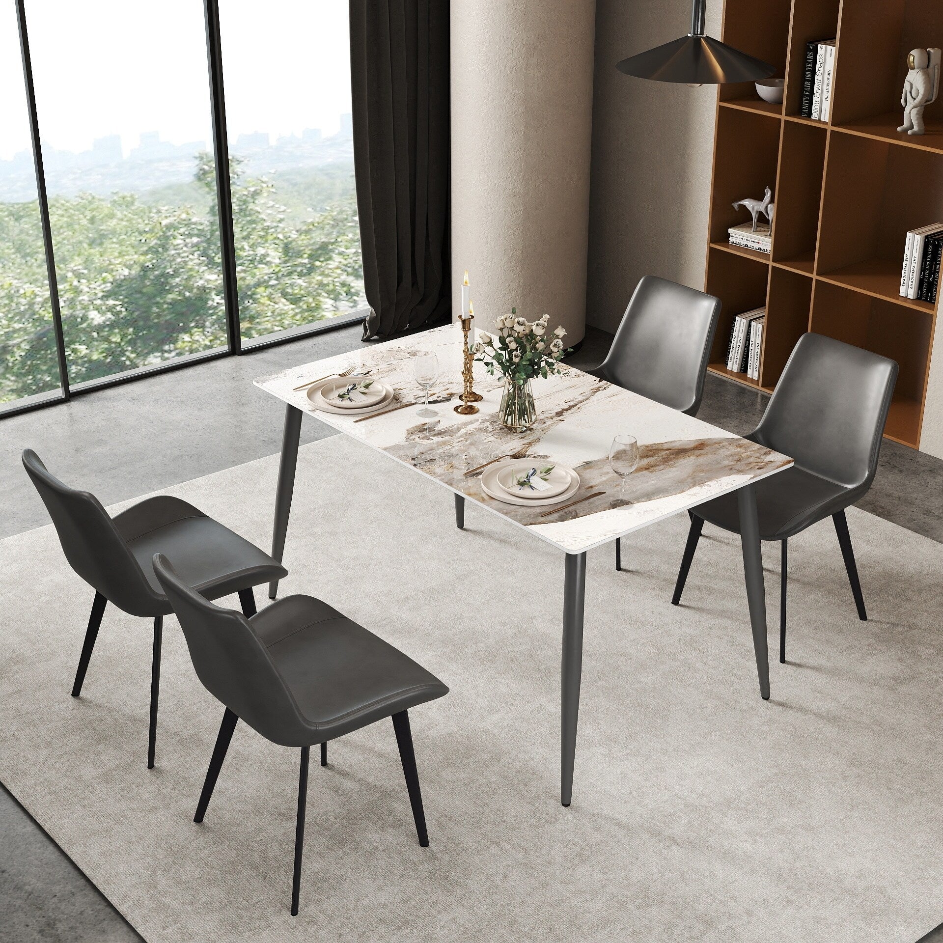 55'' Marble Dining Table for 4 People, Rectangle Marble Dining Table with Sintered Stone Tabletop and Metal Legs