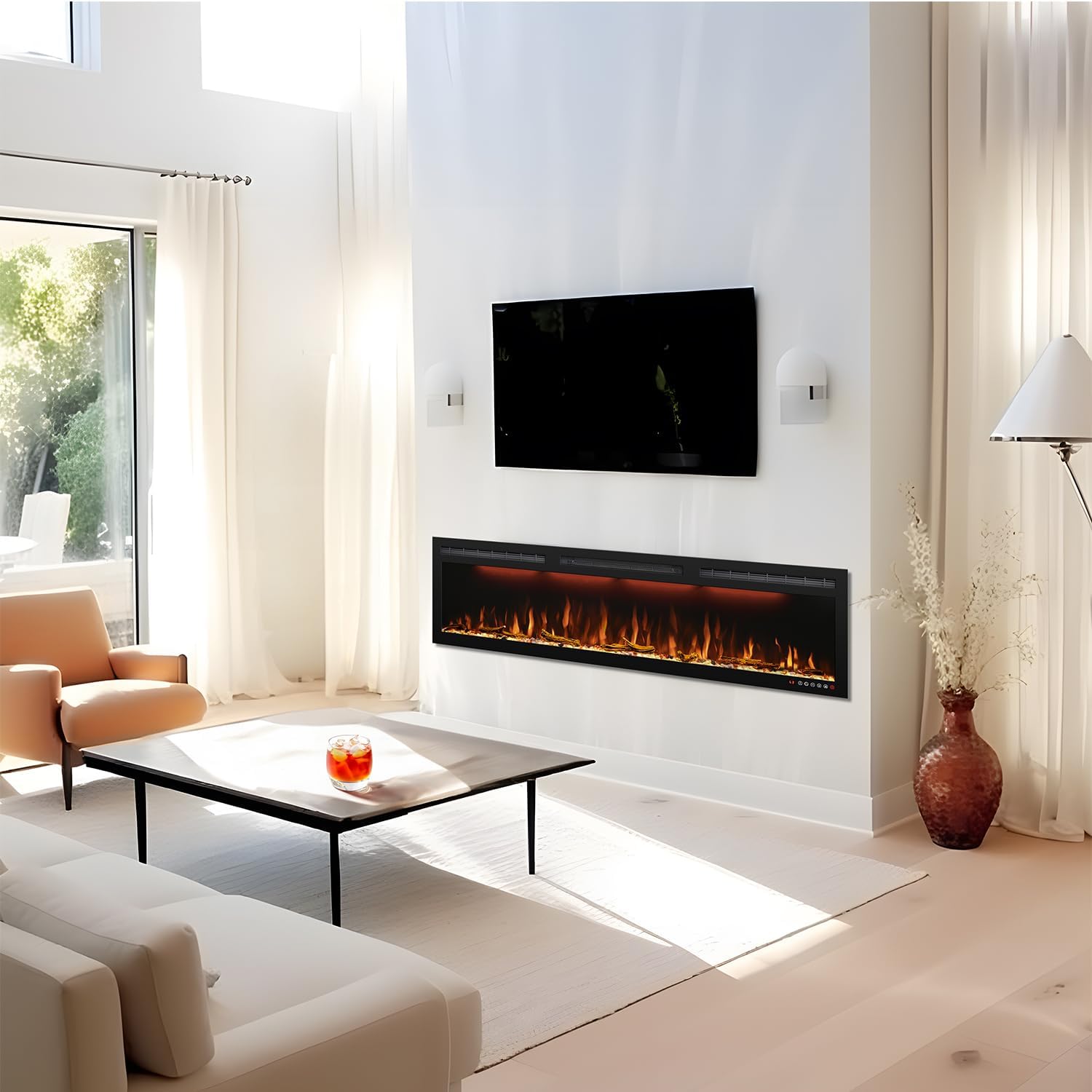 60 Inch Slim Electric Fireplace, Recessed in‑Wall or Wall Mounted, Ultra‑Narrow Frame, Realistic LED Flames with 3 Flame Colors & 3 Top Light Colors, Remote Control, Timer