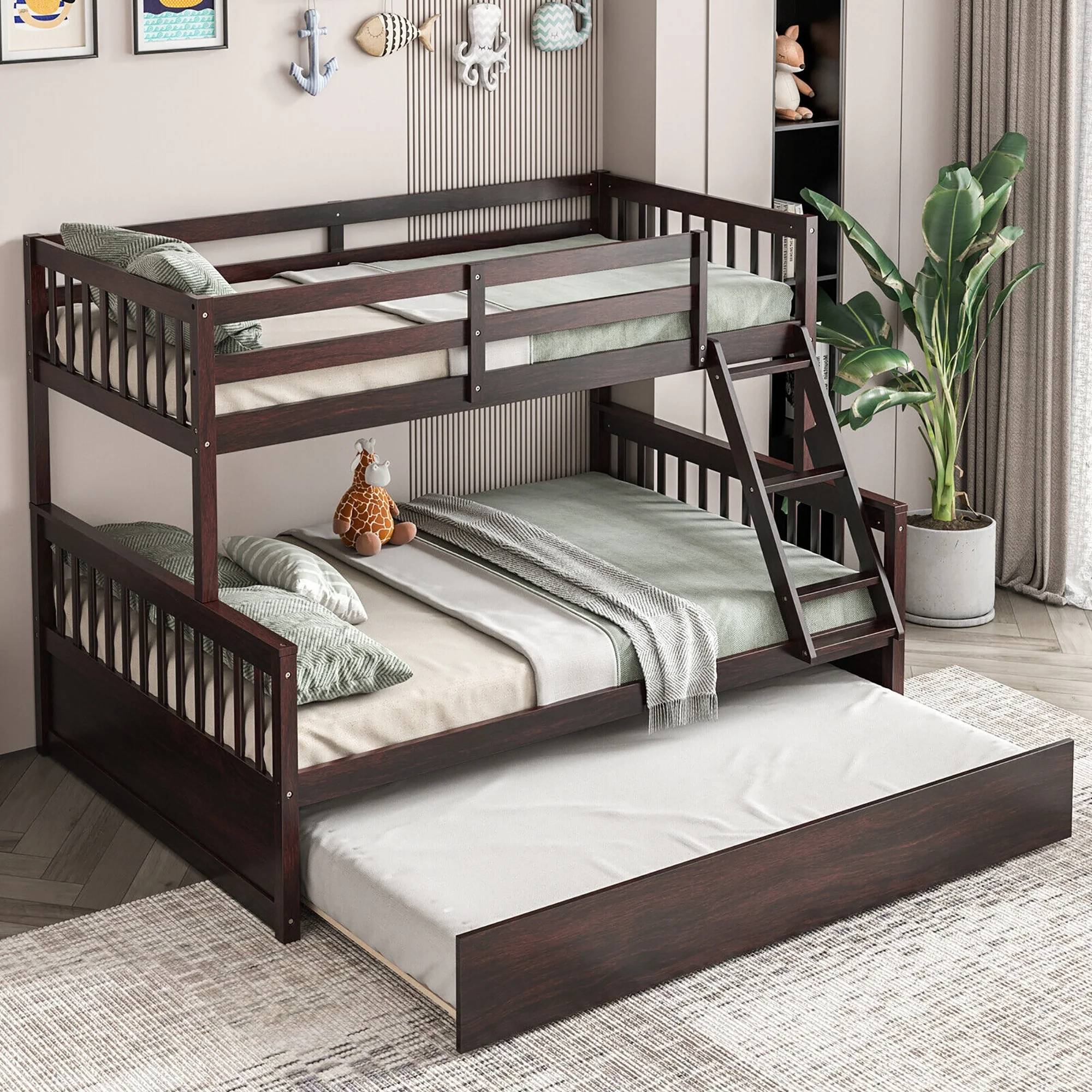 Gymax Twin Over Full Bunk Bed with Twin Trundle Convertible Platform