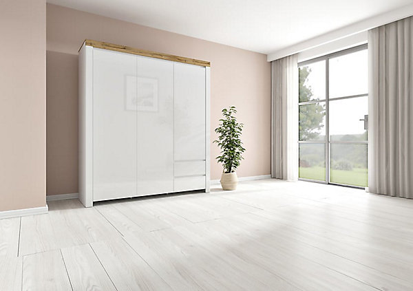 Armoire placard à 3 portes et 2 tiroirs,coloris Blanc/Chêne wotan - Longueur 180,5 x Profondeur 56,5 x Hauteur 203,5 cm