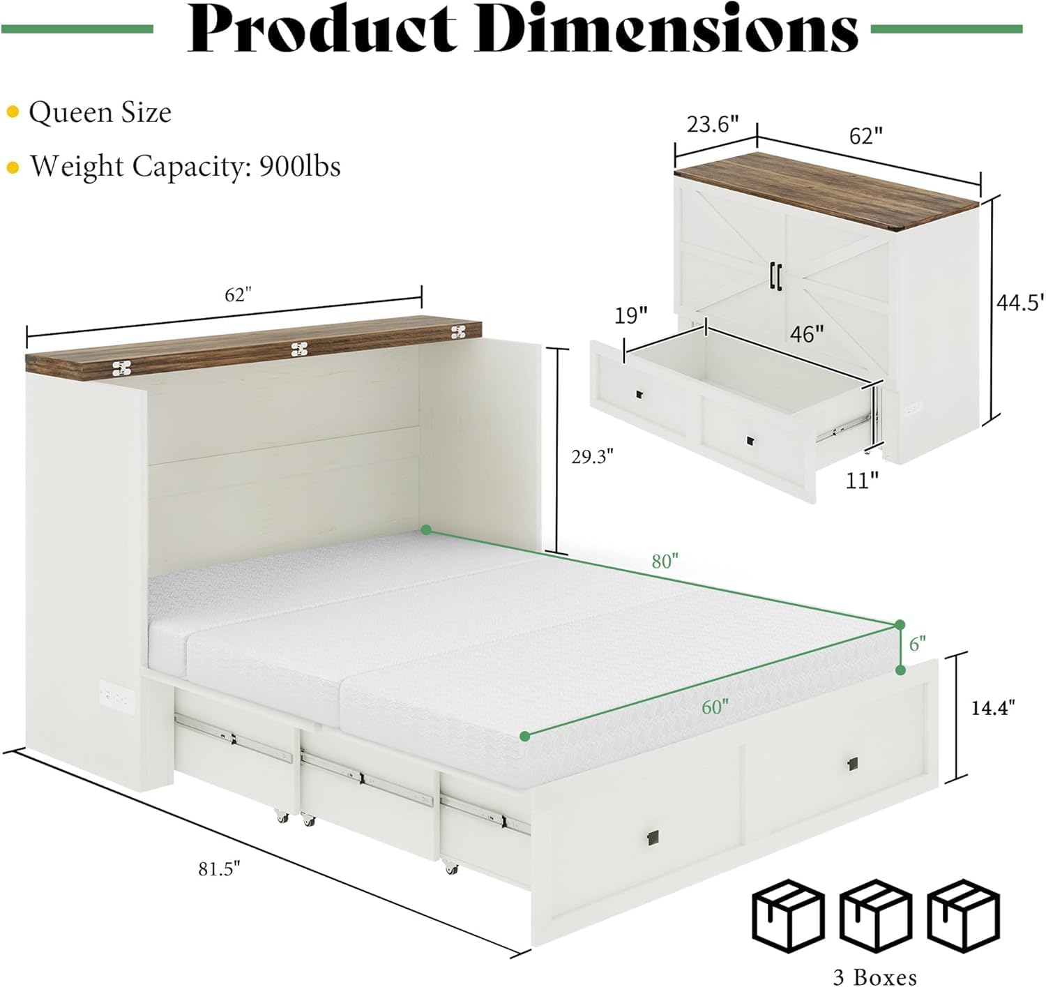 Queen Murphy Bed with 6 Tri-Fold Memory Foam Mattress, Storage Drawer & Charging Station, Space-Saving Design for Home Office or Guest Room, White