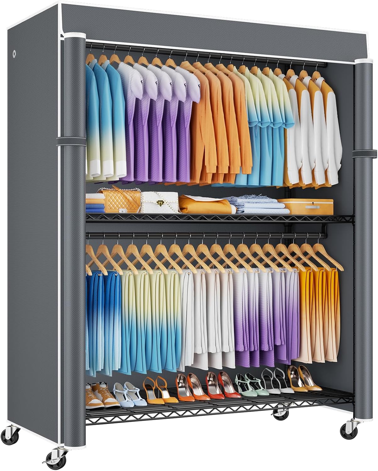 ULIFHOME P8C Max Heavy Duty Clothes Rack（With Extended Width Design） Rolling Clothing Racks for Hanging Clothes with Lockable Wheels，51.2 W x 15.8 D x 80.5 H，Load 700LBS，Black Rack with Grey Cover