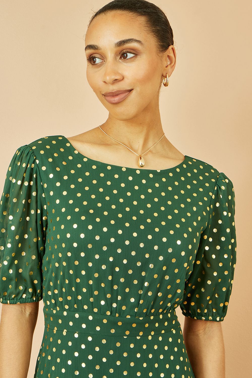 Yumi Green Gold Foil Spot Midi Dress With Scoop Back