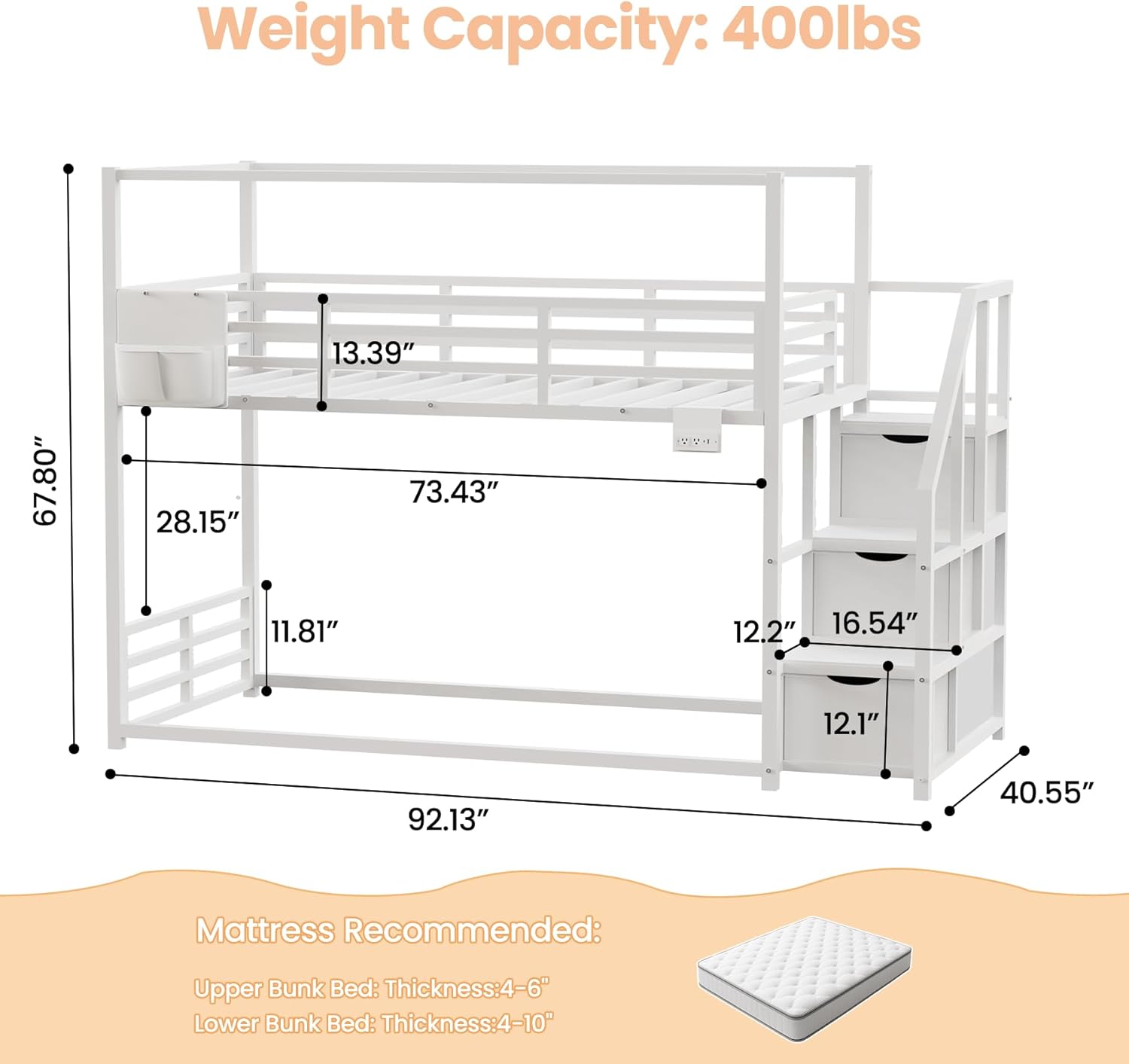 Low Bunk Bed Twin Over Twin with Storage Staircase, RGB LED Lights, Drawers & Shelves, Metal Bunk Beds for Kids with Power Outlet, Double Full-Length Guardrails & Metal Slats for Small Space, White