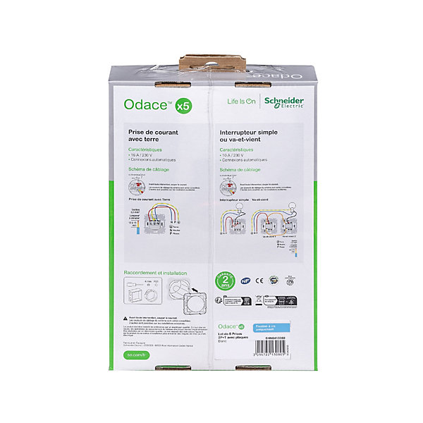 5 prises affleurantes Odace B 2 ports avec terre Schneider Electric