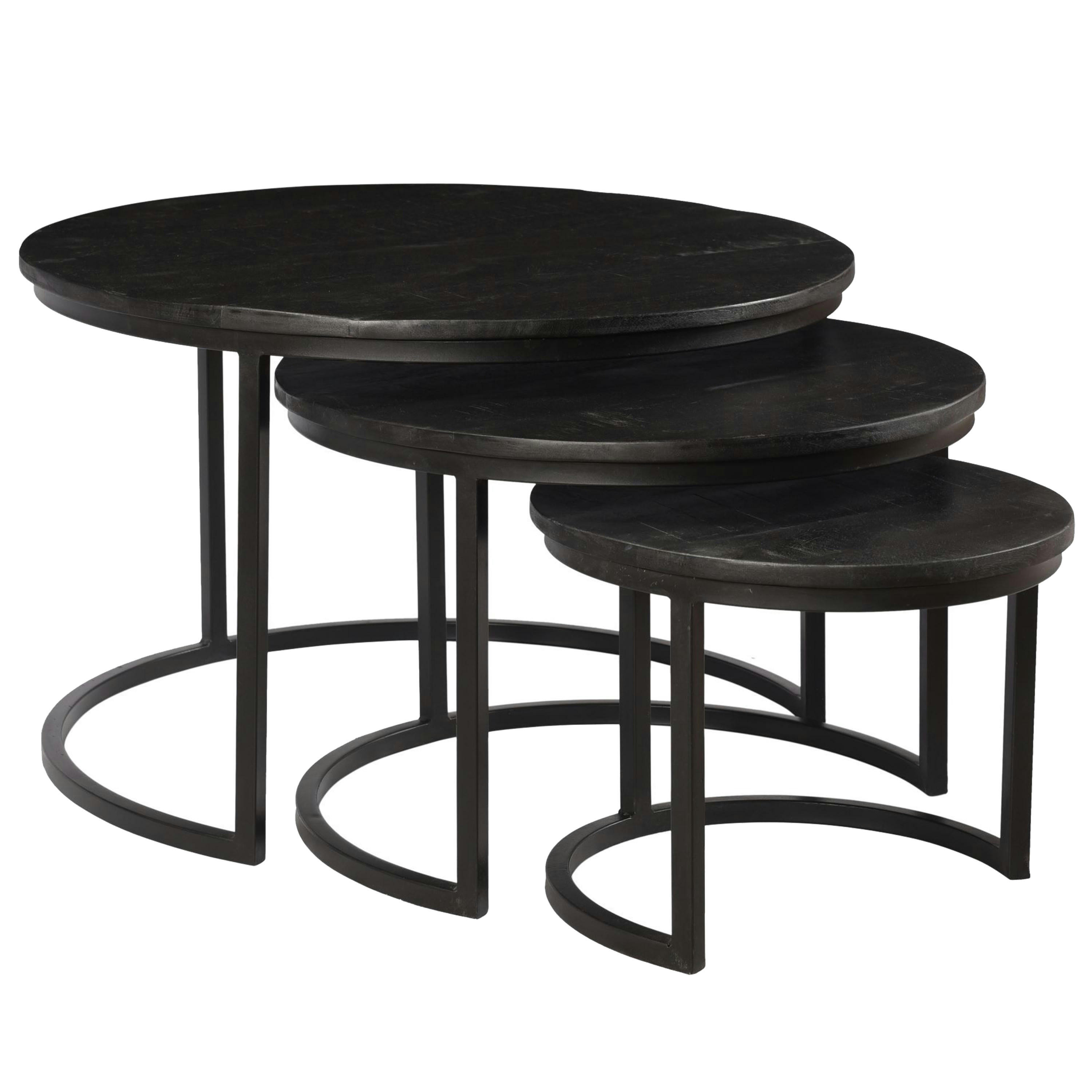 LUZ - LUZ-Set de 3 Tables basses rondes en Manguier teinté noir et métal