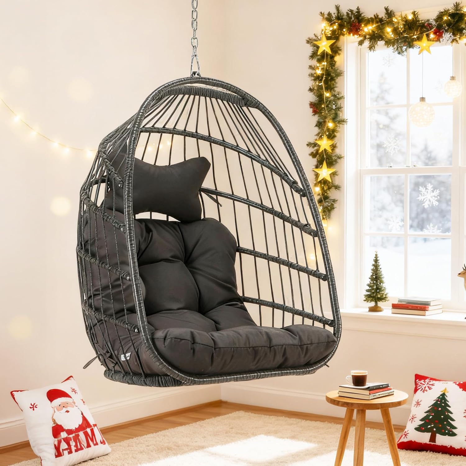 RADIATA Foldable Hanging Egg Swing Chair No Stand, Indoor Outdoor Wicker Basket Chair with Comfy Cushion, 350Lbs Durable Portable Hanging Hammock Seat for Bedroom Patio Porch Balcony, Dark Grey