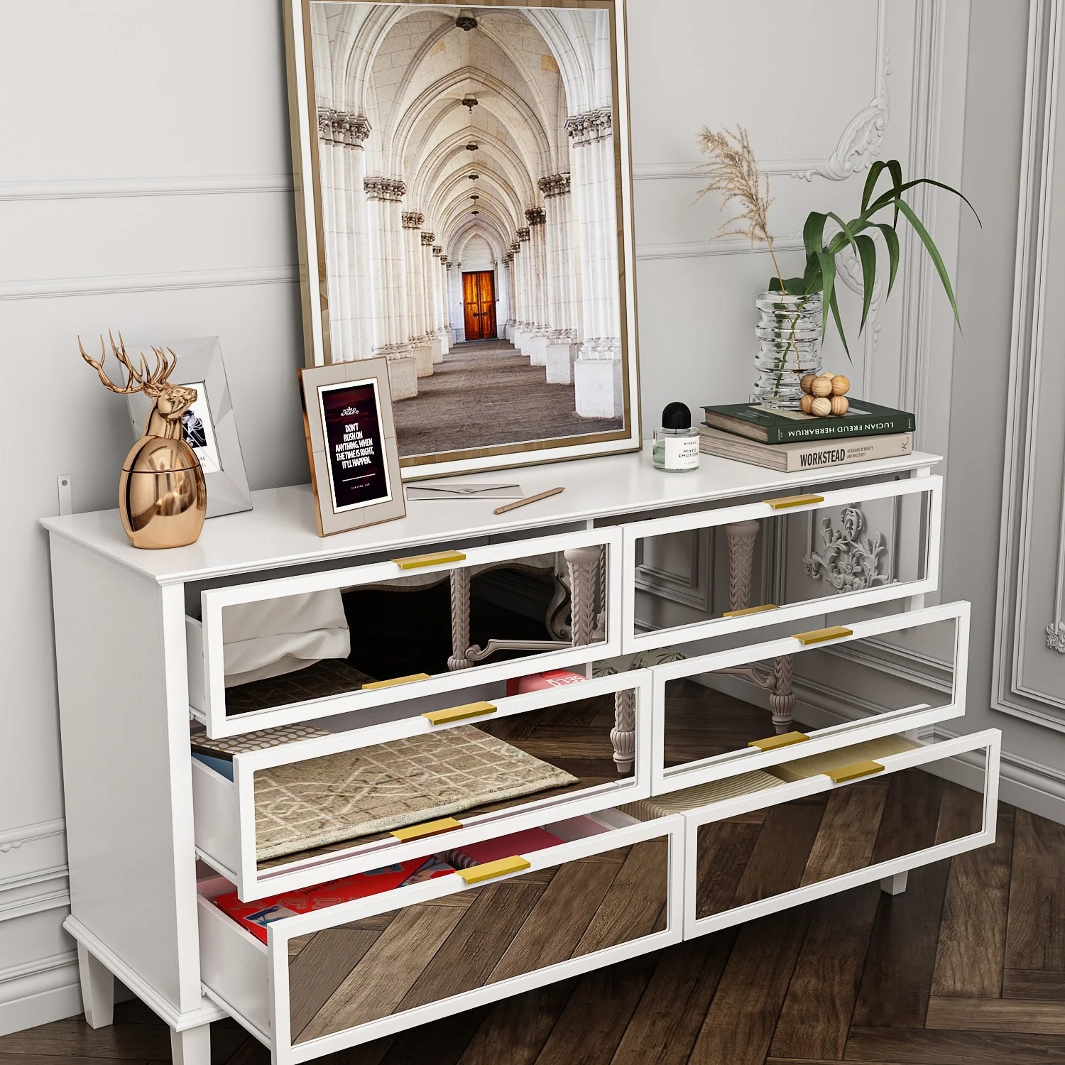Modern 6 Drawer Mirrored Dresser, Glass Dresser & Chest of Drawers