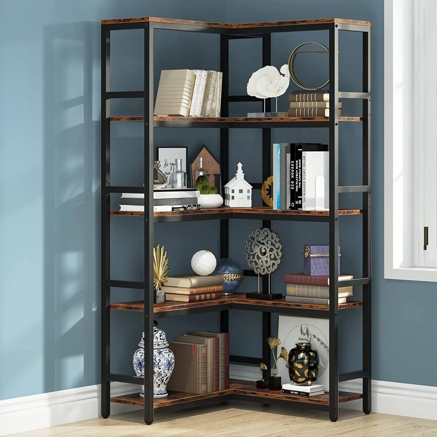 Industrial Corner Bookshelf, Large Corner Etagere Bookcase for Living Room Home Office, Rustic Brown (5-Tier/7-Tier)