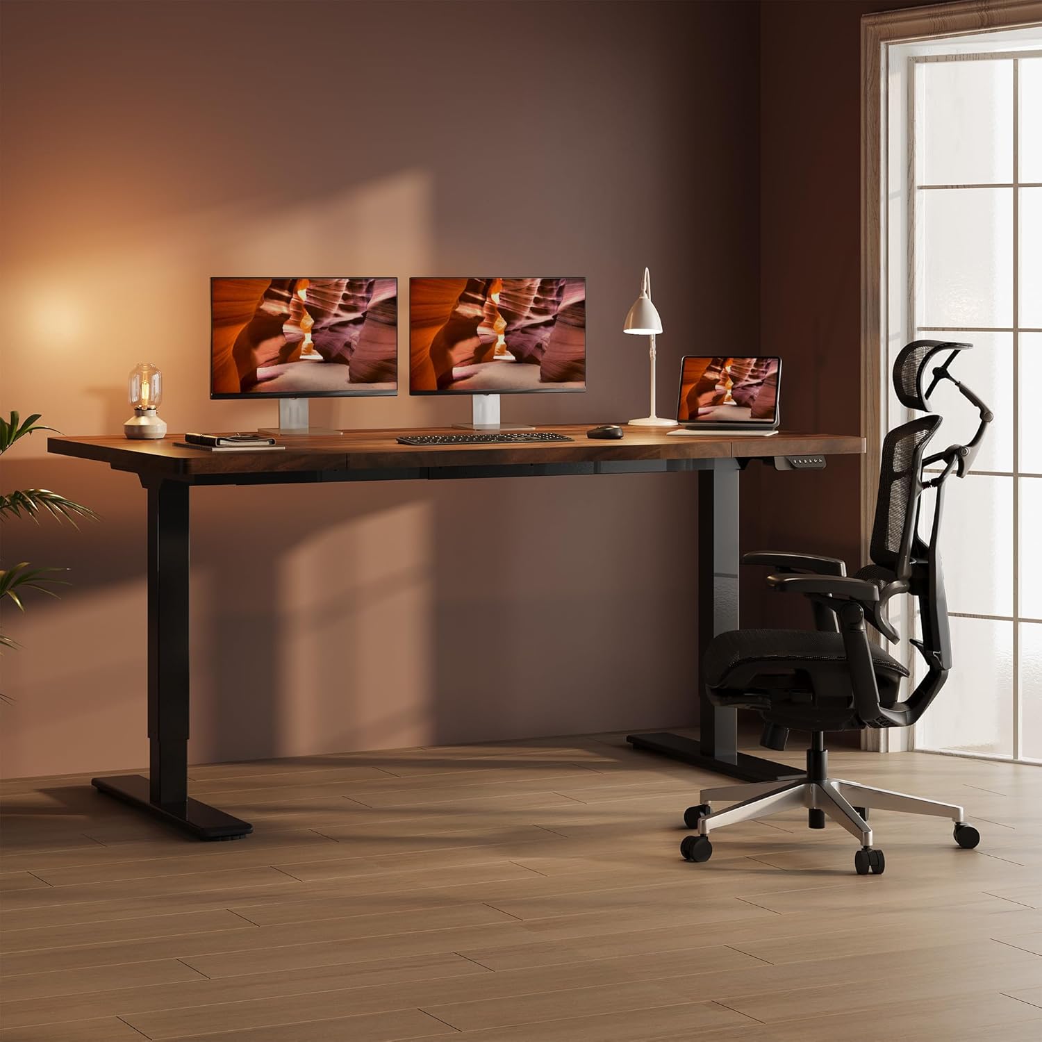 Dual Motor Standing Desk, Large Stand Up Desks, 79x31 Inches Electric Sit Stand Desks, 4 Memory Preset Adjustable Height Computer Table for Home Office with Splice Board (Brown)