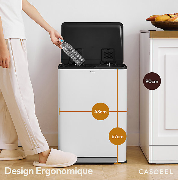 CASABEL Poubelle Tri Selectif 60L 2x30L Acier Inox Blanc Creme Double Compartiments Pedale Bacs Amovibles Couvercles Silencieux