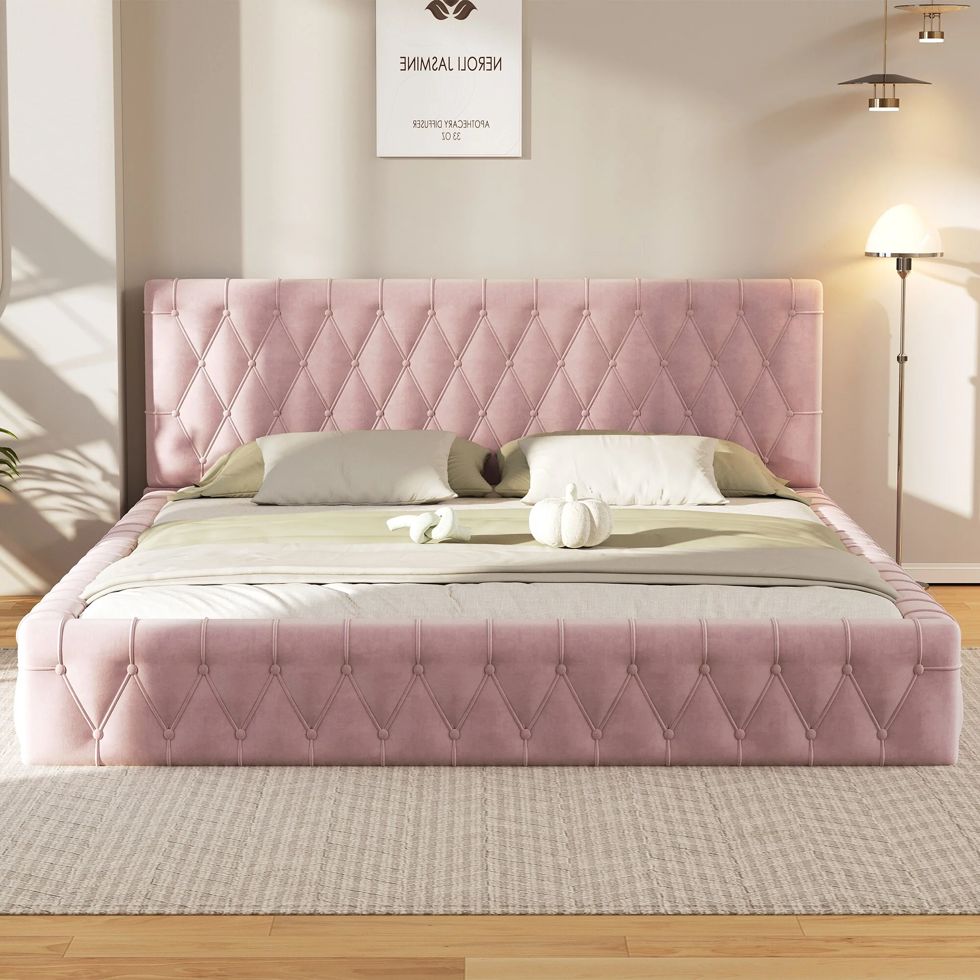 Modern Queen Upholstered Bed with Tufted Headboard and Wood Slats, 650lb Capacity