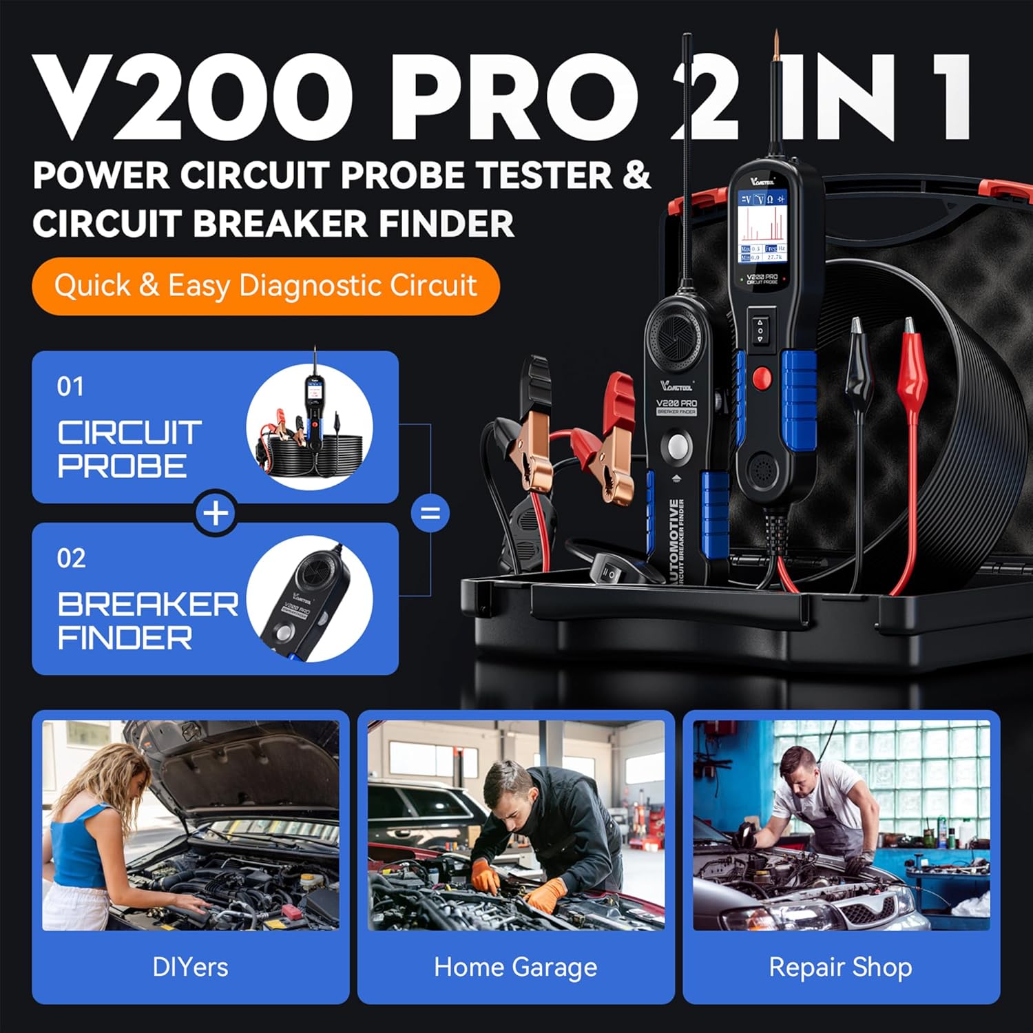 VDIAGTOOL V200 Pro Automotive Circuit Tester, Power Circuit Probe Tester Breaker Finder Tool, 12/24V Electrical Open Short Circuit Finder, Wire Tracer, AC/DC Trailer Relay Fuse Test for 99% Cars